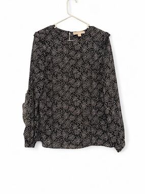 Michael Kors black & white star print long sleeve top with ruffles - size Medium